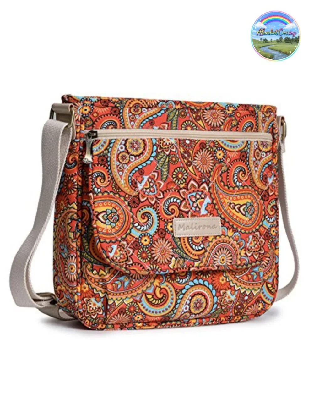 Canvas Floral Crossbody Bag with Multi Pockets, Adjustable Strap